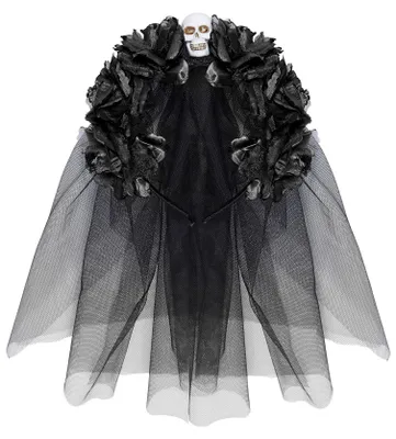 Produktbild von Haarreif mit Schleier schwarzen Rosen und Totenkopf
