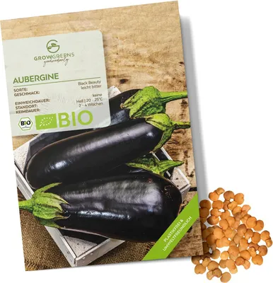 Produktbild von Aubergine Samen (Black Beauty) - Auberginen Saatgut aus biologischem Anbau ideal für die Anzucht im Garten, Balkon oder Terrasse (25 Korn)