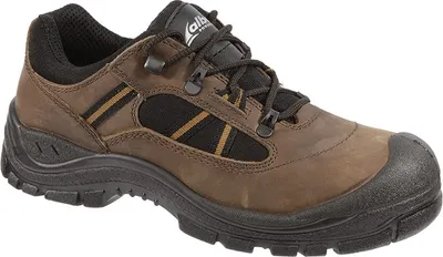 A single brown work shoe is shown against a white background.