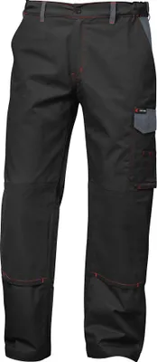 A pair of black work pants with gray accents and red stitching.