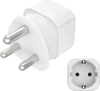 A white travel adapter with three silver prongs is shown, along with a separate image of a European-style socket.