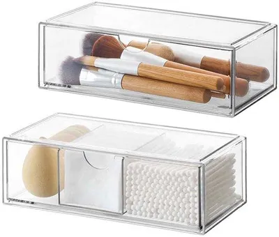 Zdjęcie produktu dla Uniqoos® Przezroczysty organizer do kosmetyków z akrylu, zestaw 2 sztuk – wysuwany i możliwość układania w stos, kompaktowe przechowywanie kosmetyków, idealny do pędzli, lakierów do paznokci i szminek, wymiary: 21 x 10 x 7 cm