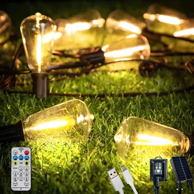 Produktbild von LUMILED Solárne rozprávkové svetlá pre vonkajšie osvetlenie 9,8M ST38 30x LED + 2 náhradné žiarovky Retro Vintage Edison, IP44 2700K Teplá biela 8 prevádzkových režimov, s diaľkovým ovládaním, solárny panel s batériou 1800mAh, solárne rozprávkové svetlá solárna lampa záhradné vonkajšie rozprávkové svetlá