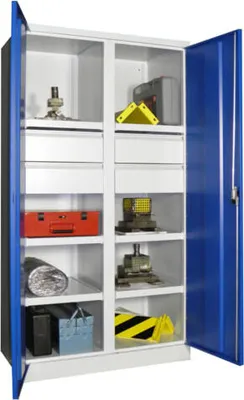 Produktbild von Schwerlastschrank - Vollblechtüren - Trennwand - 6 Böden, 4 Schubladen - 1.950x1.040x630 mm (HxBxT) - reinweiß/zinkgelb