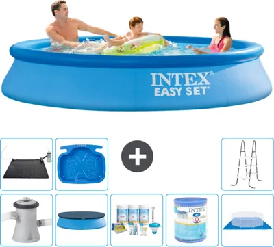 Produktbild von Intex runder aufblasbarer Easy Set-Schwimmpool – 305 x 61 cm – Blau – inklusive Pumpe Abdeckung - Wartungspaket - Filter - Bodenplane - Solarmatte - Leiter