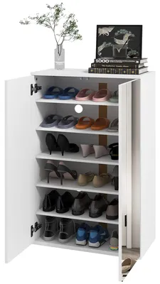 Produktbild von Schuhschrank mit Spiegel fš¹r 18 Paar Schuhe, 5 verstellbare Einlegeb?den, 60 x 32 x 95 cm, Wei?, fš¹r Flur