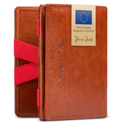 Produktbild von Jaimie Jacobs Flap Boy mit Münzfach Das Original Magic Wallet RFID-Schutz magisches Portmonaie Brieftasche Herren echtes Leder (Dunkelbraun mit Rot)