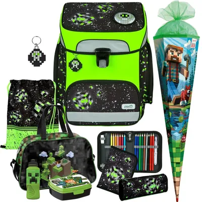 Produktbild von Scooli Schulranzen Jungen 1.Klasse EasyFit 9tlg. Set passend dazu Sporttasche Brotdose Trinkflasche Schultüte R, Space Robot - Pixel - Glow Edition