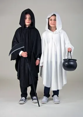 Two children in Halloween costumes, one dressed as the Grim Reaper and the other as a ghost, posing for a product photo.