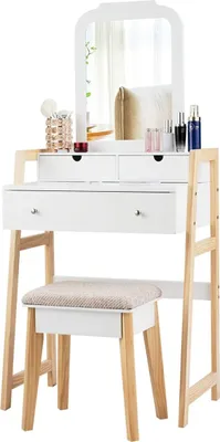 Produktbild von GOPLUS Schminktisch mit Hocker, Frisiertisch mit 3 Schubladen, Kosmetiktisch im Skandinavischen Stil, Höhenverstellbarer Spiegel, mit Beinen aus Massivholz, Weiß