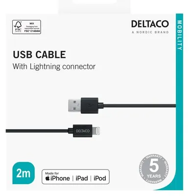 Immagine prodotto di Cavo da USB a Lightning 2m MFi nero Deltaco (IPLH-412)
