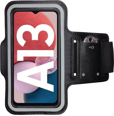 A black sport armband for a smartphone, displaying the phone screen with the text "A13" and some colorful graphics.
