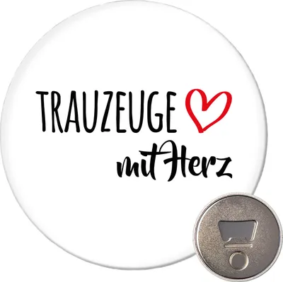 Produktbild von Huuraa Magnet Trauzeuge mit Herz 59mm Kühlschrankmagnet rund Flaschenöffner Geschenkidee
