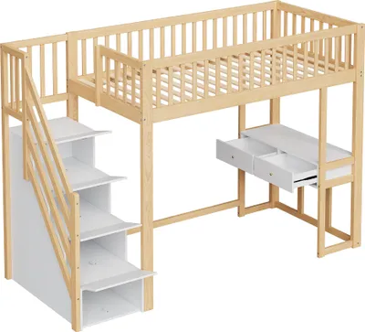 Produktbild von Hochbett Multifunktionstisch Aufbewahrungstreppe Kiefernholz Platzsparend Kinderbett 90 x 200 cm Natur