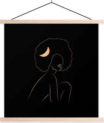 Produktbild von MuchoWow® Textilposter Frau - Mond - Gold - Strichzeichnung 60x60 cm mit holzfarbenen Rahmen - Wanddekoration