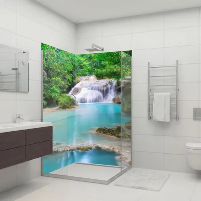 Produktbild von dedeco Eck-Duschrückwände Aluminium wasserfest Motiv: Wasserfall V7, 2 x 90x210x0,3cm, Fliesenersatz fugenlos Wandverkleidung Wandpaneele,  Germany