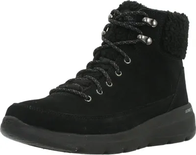 A black winter boot is shown against a white background.