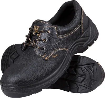 A pair of black work shoes on a white background.