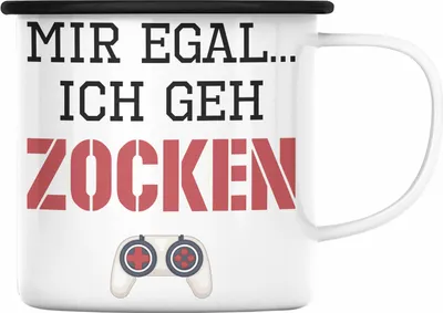 Produktbild von Trendation - Mir Egal Ich Geh Zocken Geschenk Emaille Tasse Zocker Gamer Gaming Geschenkidee Jungs Jungen Geburtstag Lustig (Schwarz)