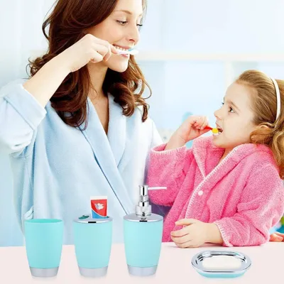 Immagine prodotto di Set da bagno 6 pezzi, accessori per il bagno, colore turchese: dispenser per lozioni, cestino