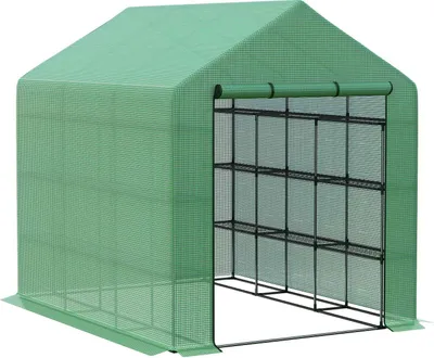 Produktbild von Foliengewächshaus Begehbares Treibhaus Mit 8 Regalebenen, Tomatengewächshaus, Frühbeet Mit Tür, Grün, Stahl Pe-Kunststoff
