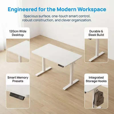 Image de Bureau réglable électriquement, blanc - Plateau de 120x60 cm - Structure en bois