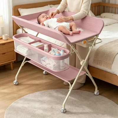 Produktbild von Baby Klappbar Wickelkommode, Mobiler Wickeltisch,Wickelstation höhenverstellbar mit Mülleimer & Aufbewahrungskorb,Tragbare Wickelauflage Bis 15Kg Rosa
