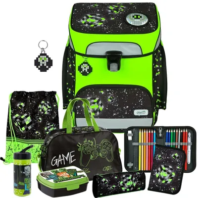 Produktbild von Scooli Schulranzen Jungen 1.Klasse EasyFit 8tlg. Set passend dazu Sporttasche Brotdose Trinkflasche, Space Robot - Pixel - Glow Edition
