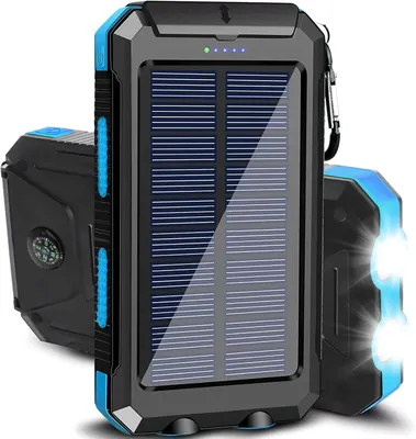 A solar power bank with a flashlight and compass is shown against a white background.