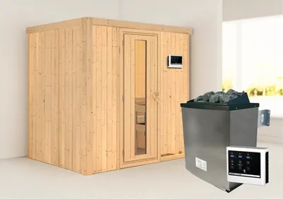 Produktbild von Elementsauna Karibu Bodina inkl. 9 kW Ofen u.ext.Steuerung ohne Dachkranz mit Holztüre und Isolierglas wärmegedämmt