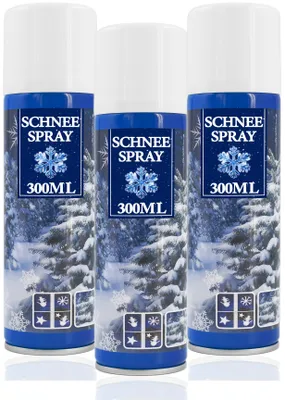 Three cans of snow spray are displayed against a white background, with a winter forest scene on the cans.