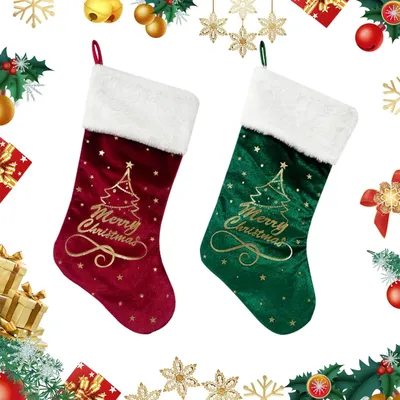 Produktbild von Samt Weihnachtsstrš¹mpfe,2 Stš¹ck Weihnachtsstrumpf zum Befš¹llen,Bestickte Gemusterte Weihnachtsstrš¹mpfe Gro?,Rot Grš¹n H?ngende Strš¹mpfe,Weihnachtssocken fš¹r Weihnachten Party Dekoration Neujahr Party