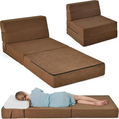 Produktbild von GOPLUS Bodensofa mit Schlaffunktion, 3 in 1 Klappbares Sofabett, Bodenmatratze aus Schaumstoff mit abnehmbarem Bezug, Klappsofa Schlafsessel (Braun)