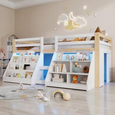 Produktbild von Merax Etagenbett Halbhohes Bett 90x200cm, mit LED-Beleuchtung, Bücherregal, Regale, Geländer, Kiefer, Kinderbett, Hochbett, Jugendbett, Natur+Weiß