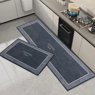 Immagine prodotto di Set di due tappetini da cucina, antiscivolo e lavabili, colore nero, dimensioni 43x75 cm e 43x150 cm