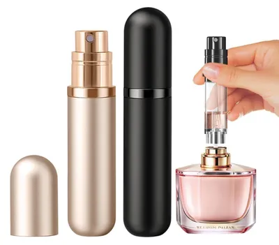 Immagine prodotto di Flacone spray ricaricabile da 5 ml, ideale per viaggi, colore nero e oro