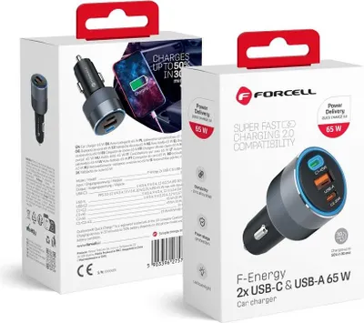Obrázok produktu pre FORCELL F-ENERGY hliníková nabíjačka do auta 2 x typ C + USB A PD QC4.0 SFC2.0 4,5A 65W sivá