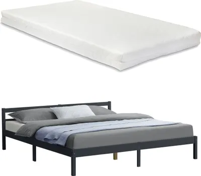 Zdjęcie produktu dla Łóżko drewniane Nakkila z materacem 180x200 cm łóżko podwójne z materacem z zimnej pianki ÖKO-Tex Standard 100 łóżko podwójne drewno sosnowe matowe ciemnoszare