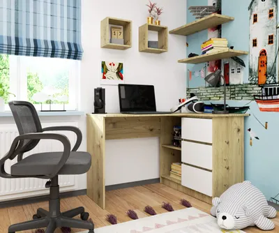 Obrázek produktu pro Rohový psací stůl 124 cm se 3 zásuvkami, počítačový stůl ve tvaru L, rohová skříňka se 2 přihrádkami