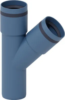 A blue pipe fitting with a Y-shaped junction and two dark gray bands.