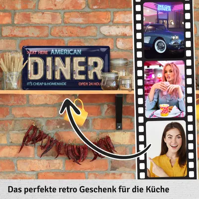 Produktbild von Blechschilder retro - American DINER Deko in Neon Sign Leuchtreklame Optik - Geschenkidee USA Dekoration - vintage Metallschild mit Spruch