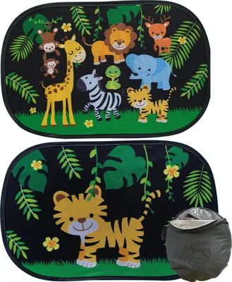Produktbild von 2X HECKBO Auto Sonnenblende mit 8 Saugnäpfen - Dschungel Motiv - 48cm x 31cm - Auto Sonnenschutz Autosonnenblende - mit Tasche - für Baby Kinder Mädchen Jungen