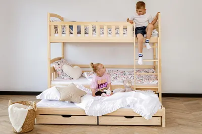 Image de Lit superposé 90x200 Lit superposé d'enfant Lit superposé d'adolescent 3 enfants, deux tiroirs & protection contre les chutes Lit d'enfant transformable en 3 lits simples | de 4 à 18 ans | sommiers à lattes inclus | nature