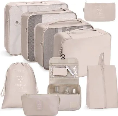 Produktbild von Unyqoos® 9‑teiliges Packwürfel-Set – faltbare, wasserdichte Nylon-Reise-Organizer mit Schuhbeutel & hängendem Kulturbeutel für Koffer & Kleidung