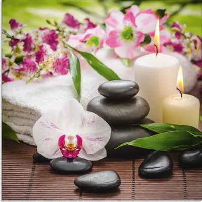 Produktbild von ARTland Glasbild Spa Orchideen Bambus Kerze Größe: 30x30 cm