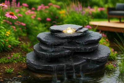 Produktbild von Künstlicher Quellsteinfelsen mit LED Beleuchtung OG-KQS002 Realistische Steinoptik, inkl. 2 m Schlauch – Wetterfest für Teich & Bachlauf Schiefer-Optik