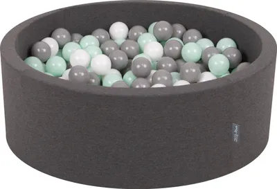 Produktbild von KiddyMoon bällebad 90x30cm/200 bälle ∅ 7cm bällepool mit bunten bällen für babys kinder rund, dunkelgrau:weiß/grau/minze