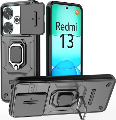 Produktbild von Hülle für Xiaomi Redmi 13 Dual Layer Handyhülle Schiebe Kamera Schutz und Ringhalter Ständer Schwarz