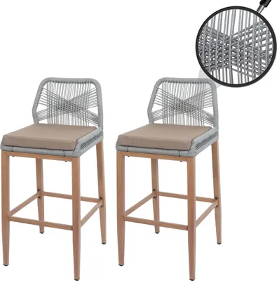 Produktbild von 2er-Set Rope-Barhocker HWC-O21, Outdoor Sitzpolster Seilgeflecht Metall Holz-Optik hellgrau, Kissen taupe