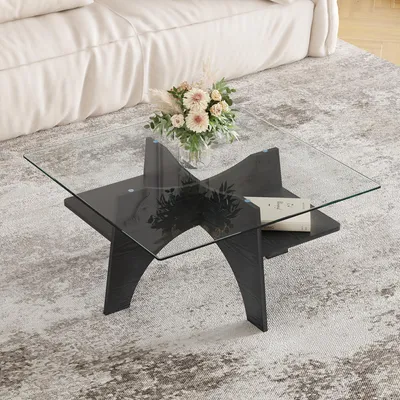 Produktbild von MODFU Beistelltisch Sicherheitsglas Minimalistisches Design Diagonales Gestell Ablagefach Wohnzimmer MDF,Schwarz